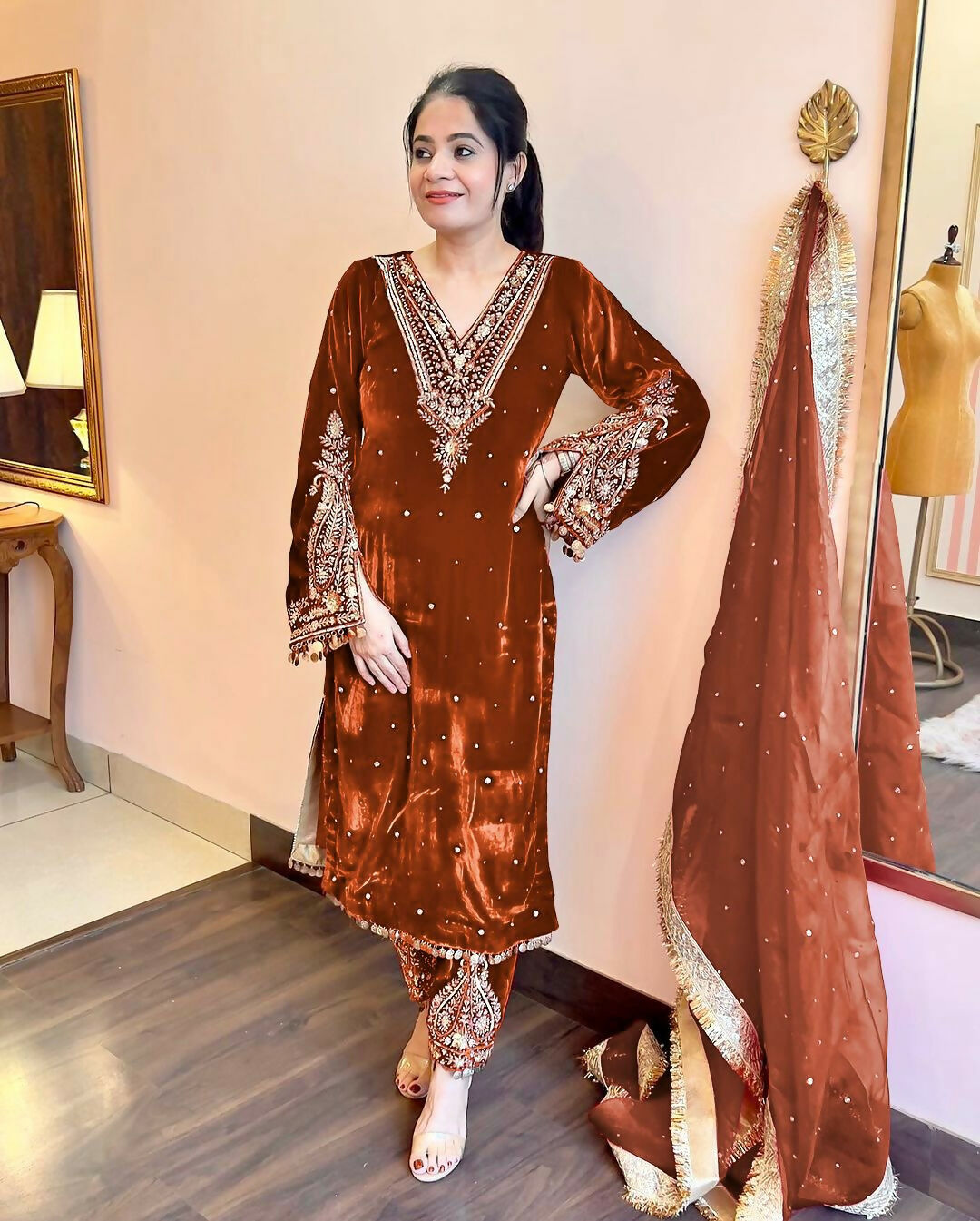 Joban Fashion Rust Brown Velvet Embroidery Kurta Set - Distacart