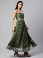 Ahalyaa Women Olive Poly Silk Silver Foil Printed Dress - Distacart