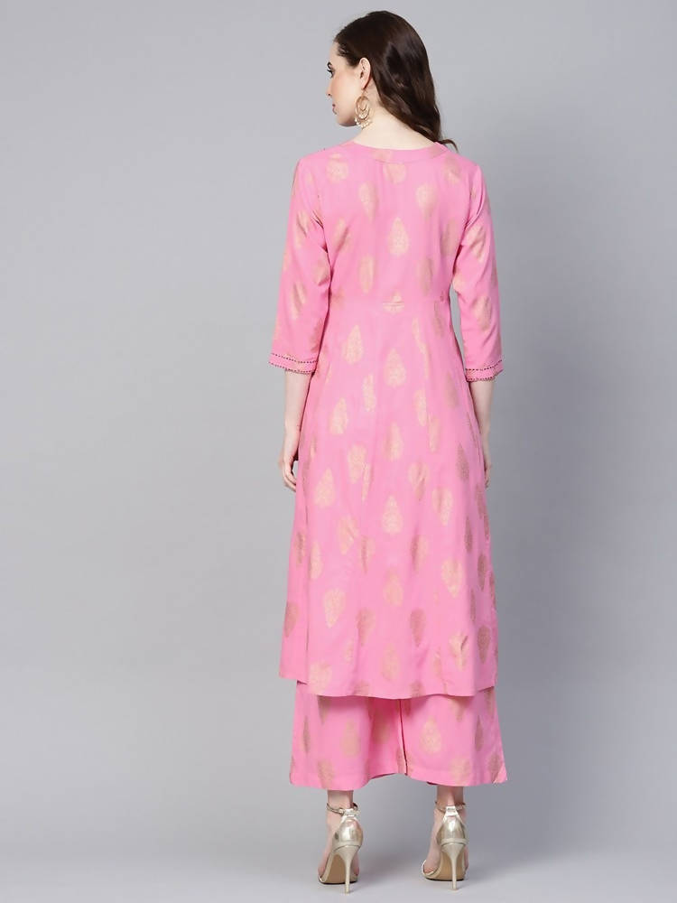 Yufta Women Pink & Golden Printed Kurta with Palazzo