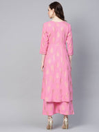 Yufta Women Pink & Golden Printed Kurta with Palazzo