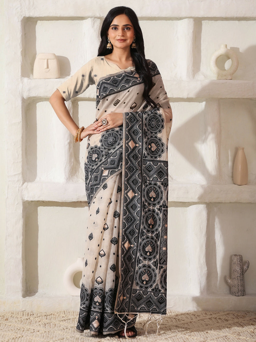 Shree Shyam Fashion Linen Cotton Black & Cream Saree - Distacart