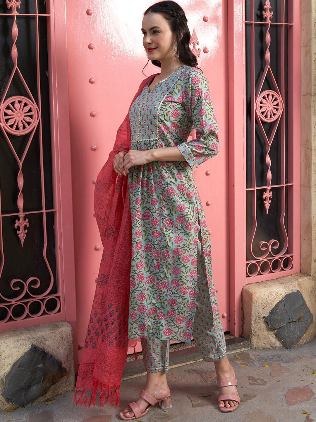 Sangria Sea Green Floral Printed Pure Cotton Kurta with Palazzos & Dupatta