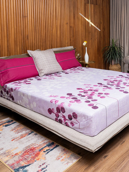URBAN SPACE Divine Purple Floral 144 TC Pure Cotton Queen Bedsheet With 2 Pillow Covers