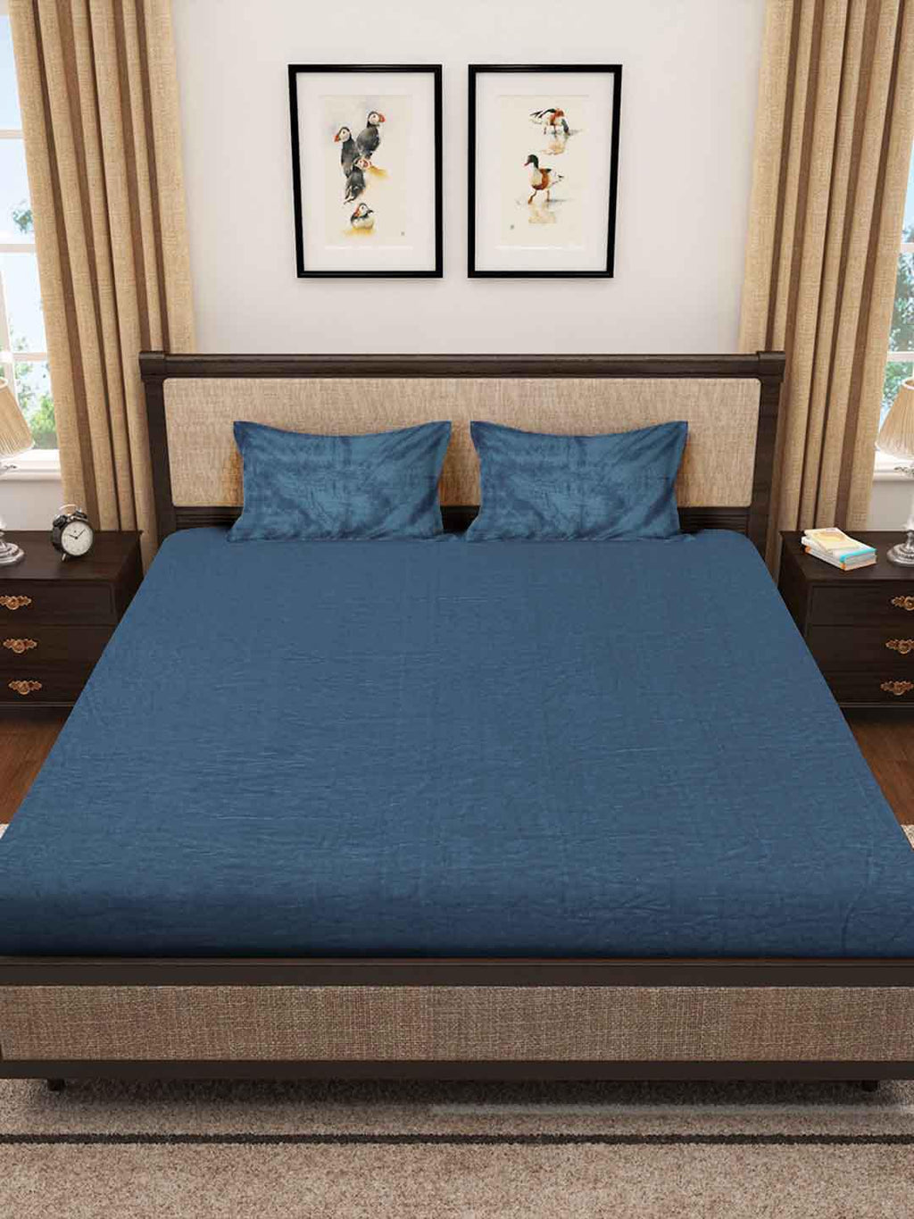 KLOTTHE Turquoise Blue 300 TC Woolen Fitted King Bedsheet With 2 Pillow Covers - Distacart