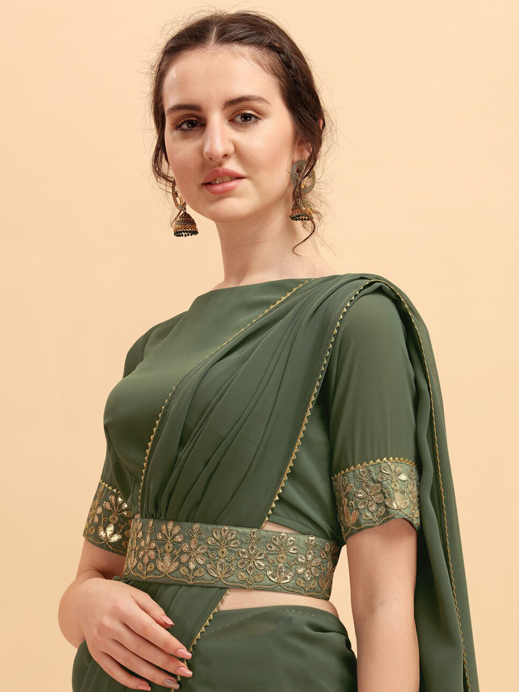 Sangria Olive & Golden Embellished Gotta Patti Saree - Distacart