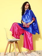 InWeave Women's Blue Pink Brocade Satin Boho Kurta Pink Palazzo Set