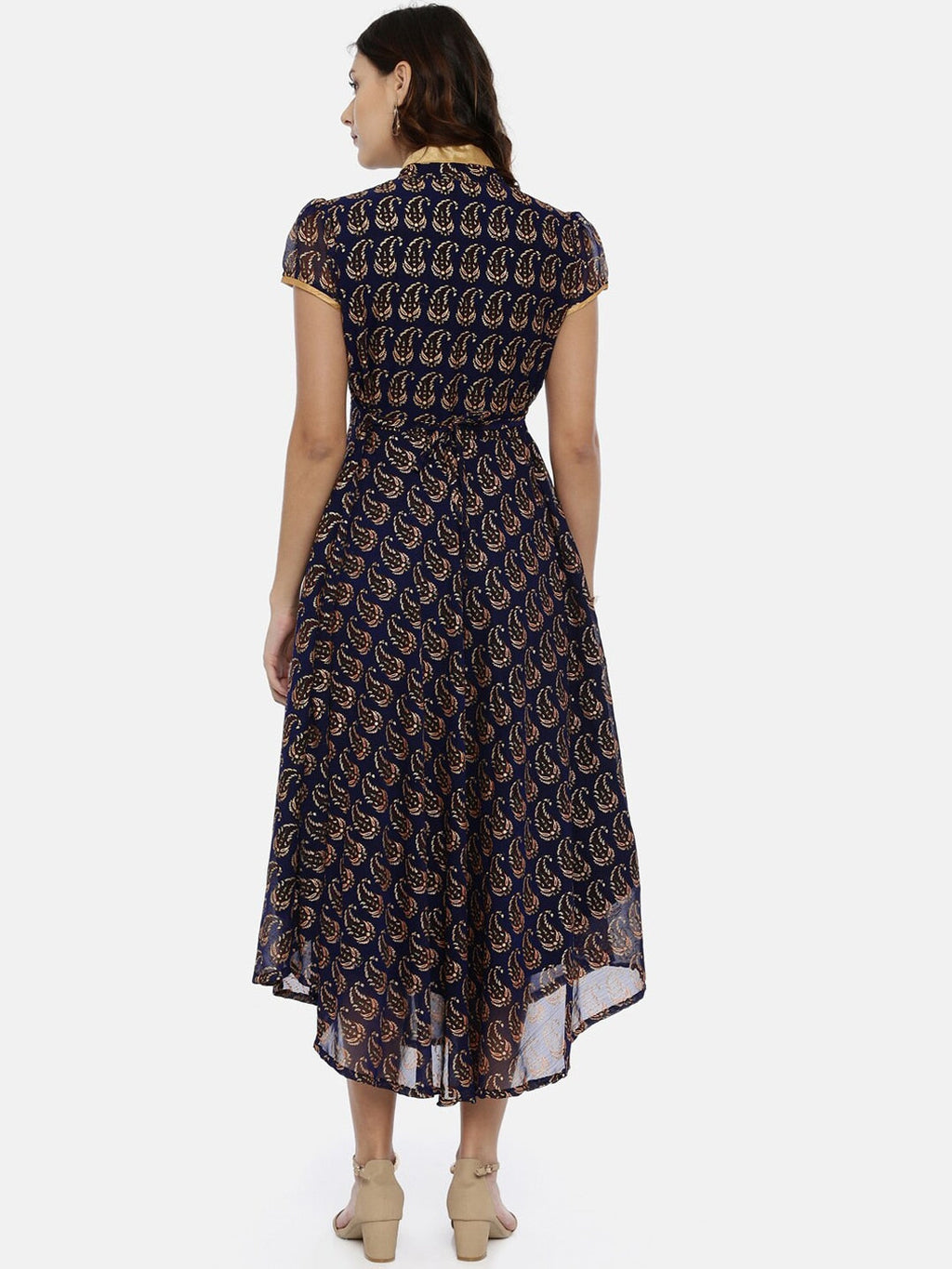Souchii Navy Blue & Gold Floral Print Fit and Flare Dress - Distacart