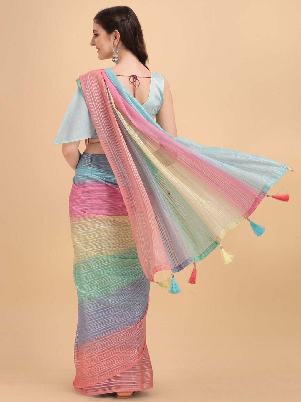 Sangria Blue & Pink Georgette Striped Zari Work Saree - Distacart