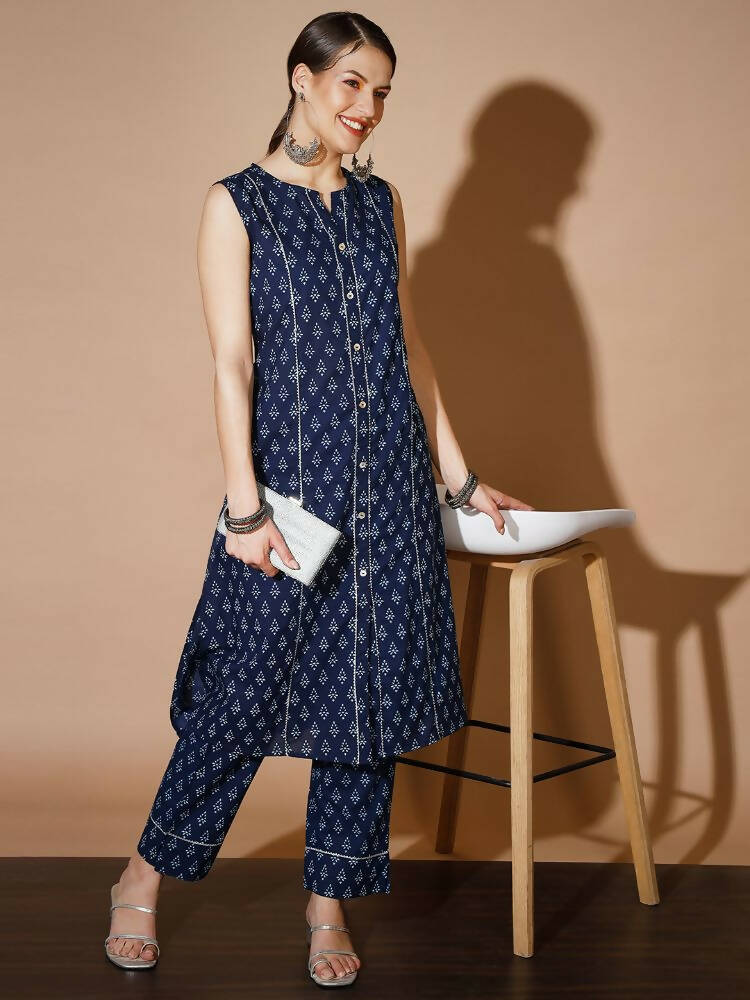 Myshka Women Blue Printed Kurta & Trousers - Distacart