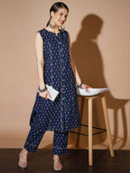 Myshka Women Blue Printed Kurta & Trousers - Distacart