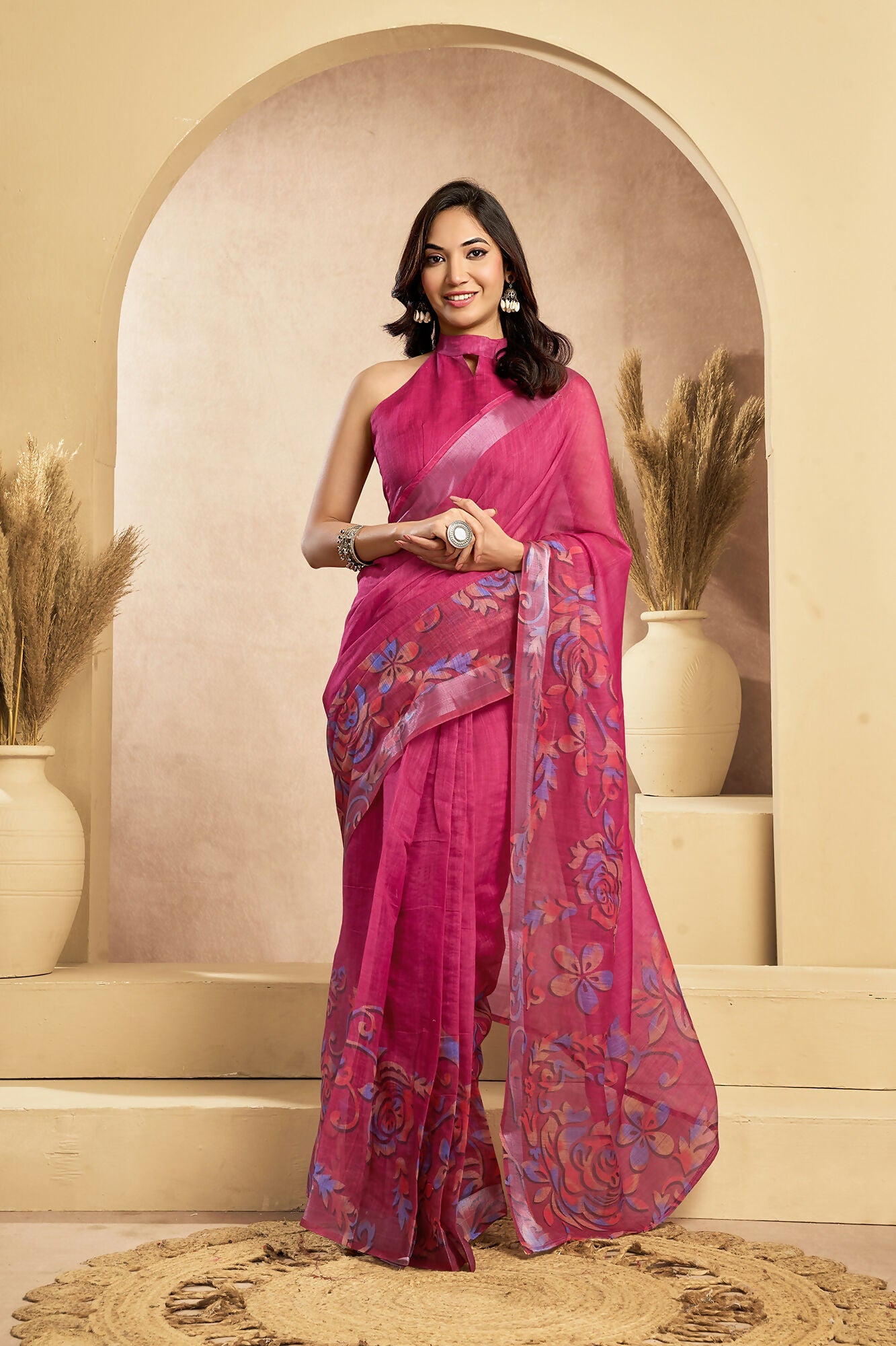 Vastranavya Pink Digital Printed Linen Ready To Wear Designer Saree with Unstitched Blouse - Distacart