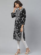 ADA Women Black & White Chikankari Embroidered Straight Sustainable Handloom Kurta