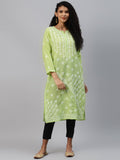 ADA Women Green & White Ethnic Motifs Chikankari Hand Embroidered Sustainable Kurta
