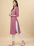 HERE&NOW Mauve & Biege Ethnic Motifs Embroidered Yoke Design Mirror Work Kurta