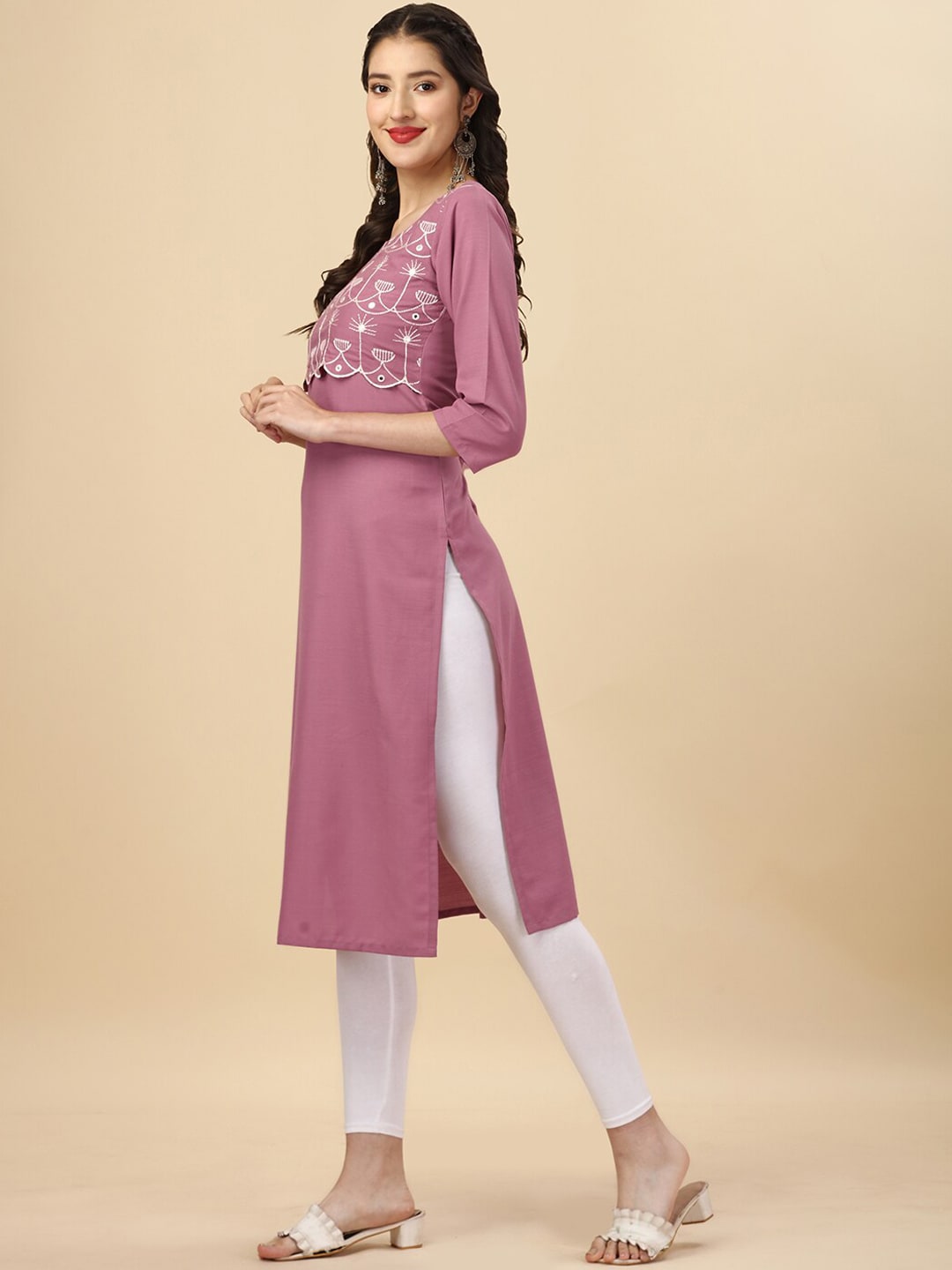 HERE&NOW Mauve & Biege Ethnic Motifs Embroidered Yoke Design Mirror Work Kurta