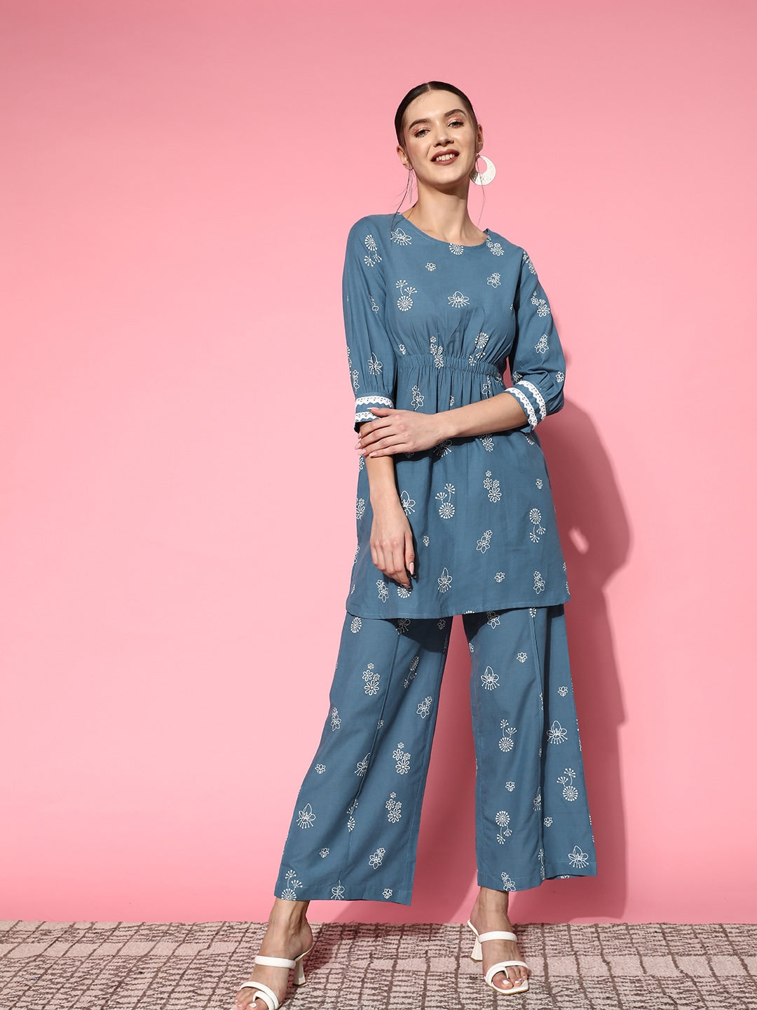 Sangria Women Blue Ethnic Motifs Printed Empire Pure Cotton Kurta with Palazzos
