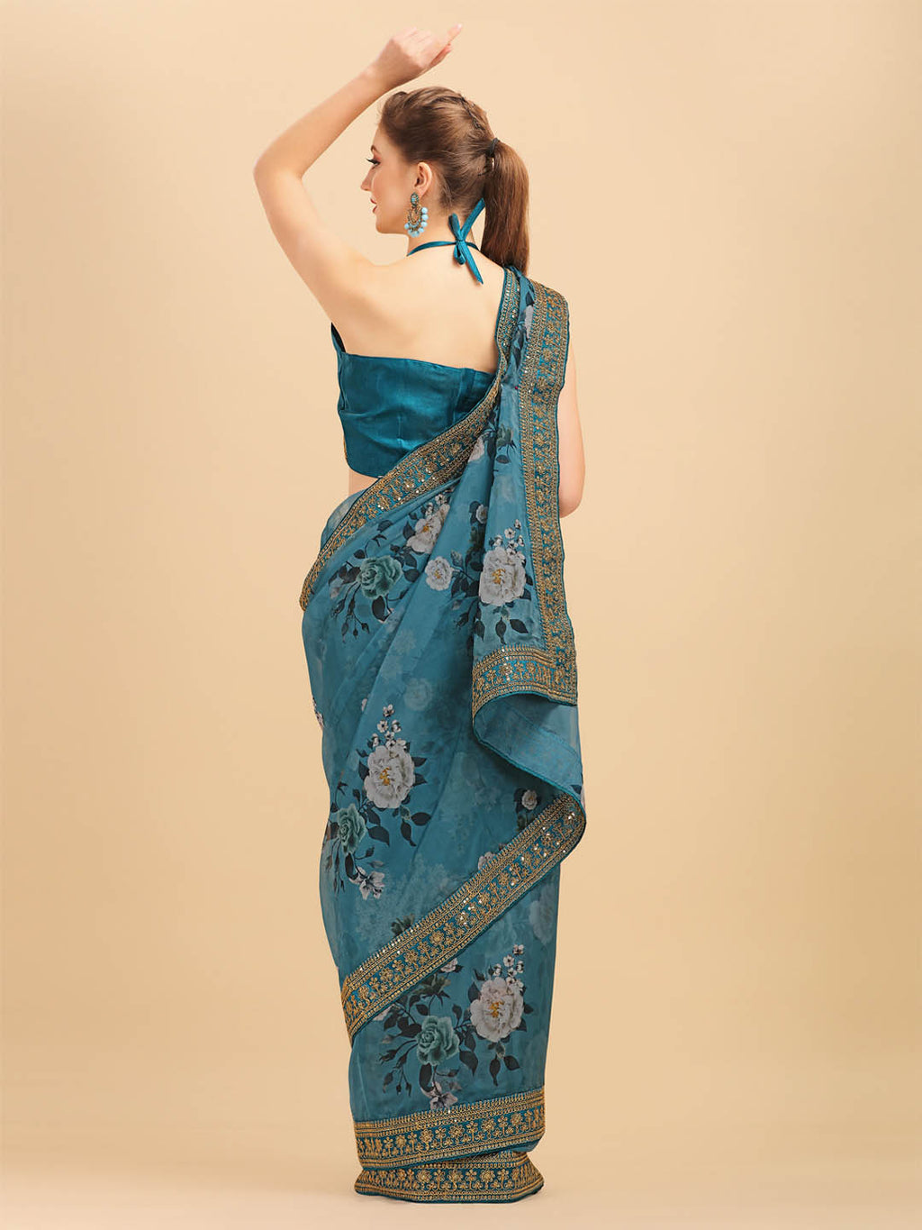 Sangria Teal & White Floral Embroidered Organza Saree - Distacart