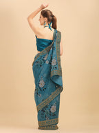 Sangria Teal & White Floral Embroidered Organza Saree - Distacart