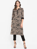 Janasya Taupe & Black Printed Straight Kurta - Distacart