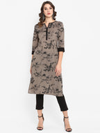 Janasya Taupe & Black Printed Straight Kurta - Distacart