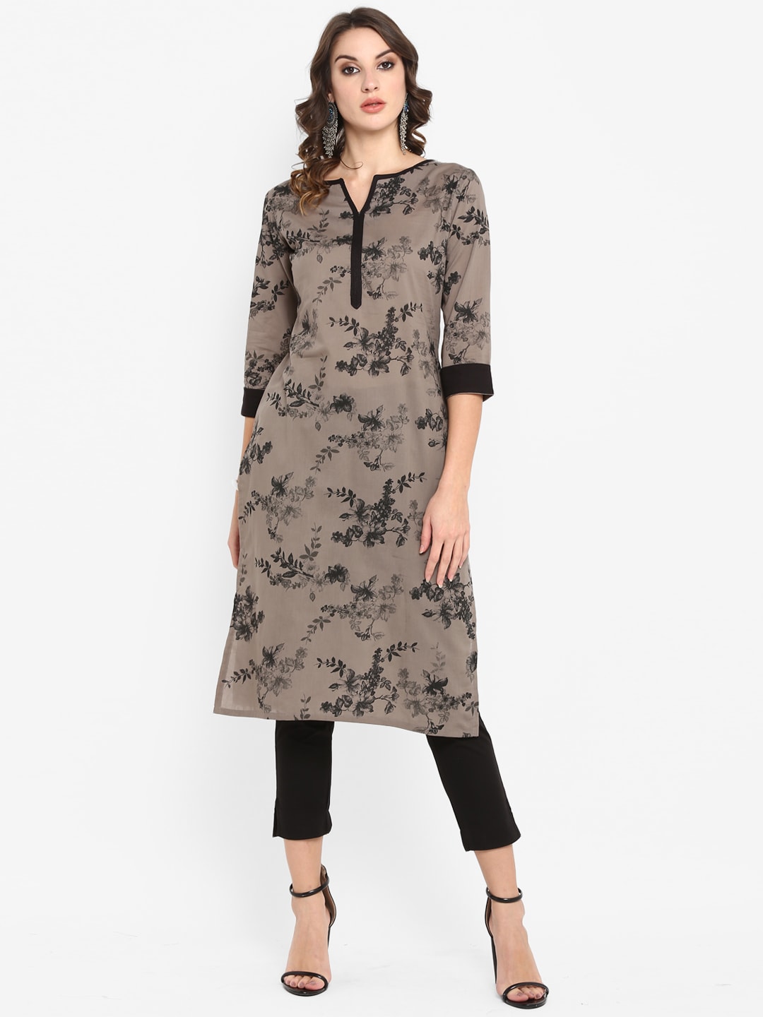 Janasya Taupe & Black Printed Straight Kurta - Distacart