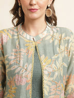 Green Cotton Solid Flared Dress with Printed Shrug - Yukti - Distacart