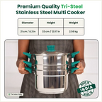 The Indus Valley Tri-steel Multi Cooker Pot Premium Stainless Steel Momo Maker/ Idiyappam/ Biryani/  Veg Steaming Set, 3 Pots, 21cm