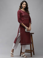 Yufta Women Maroon Yoke Design Mirror Work Cotton Kurta
