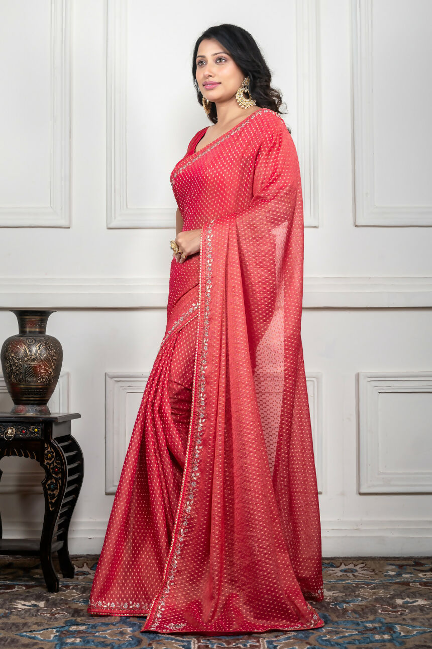 Morchari Pink Pure Chiffon Hand Embroidery Saree And Stitched Blouse - Distacart