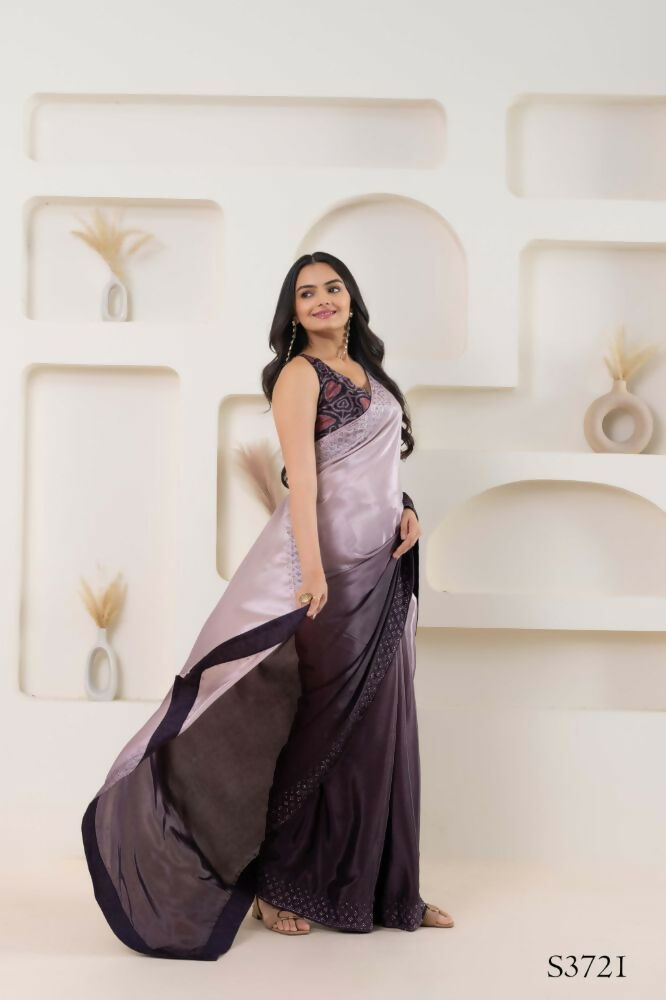 Wine Satin Pedding Designer, Printed Party Wear Ready To Wear Saree - Femina