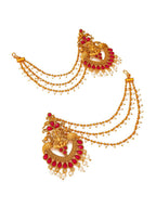 Aadita Red Gold-Toned & White Pearls Studded Contemporary Drop Earrings With Hair Chain - Distacart