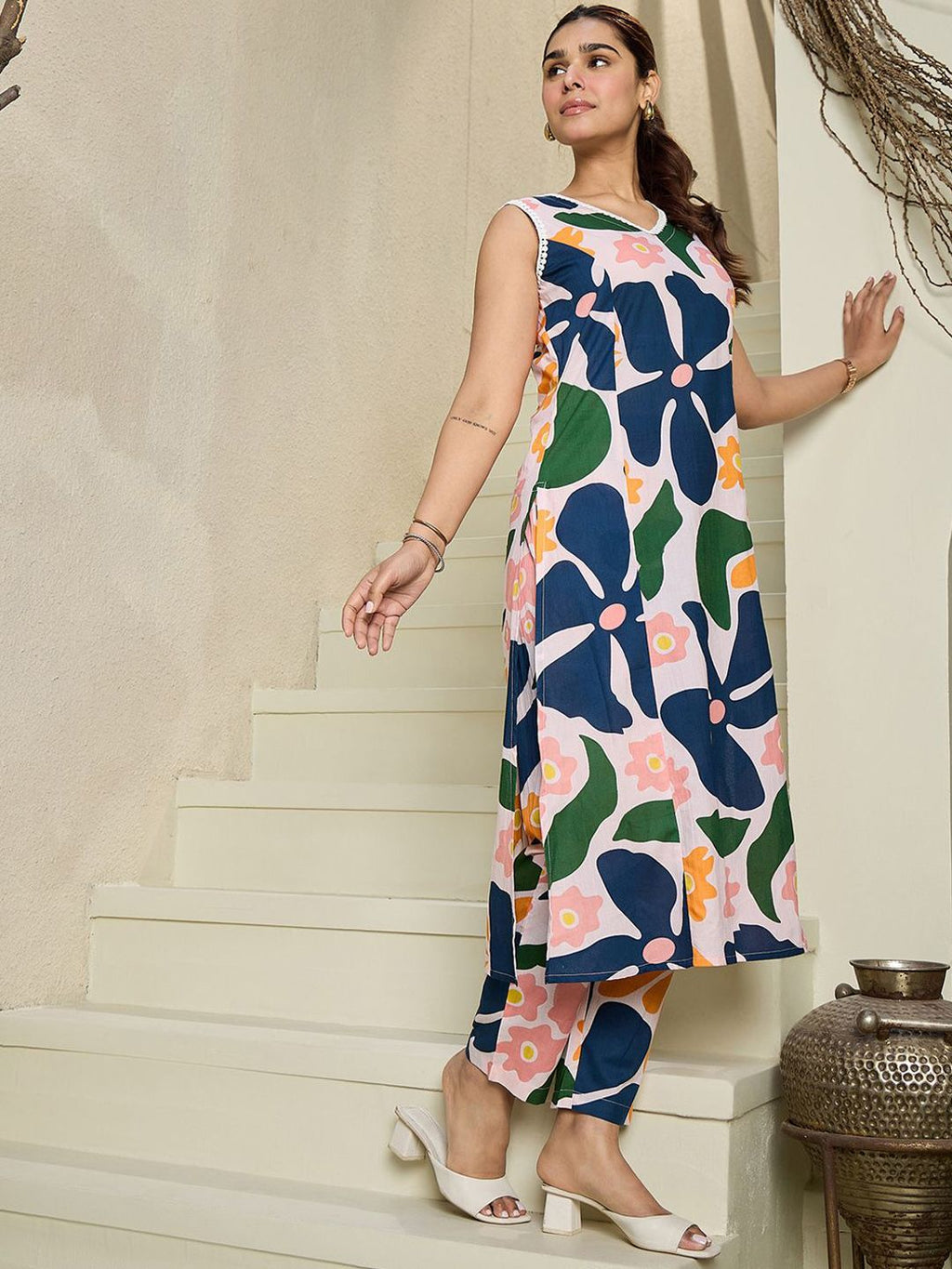 Indo Era Floral Printed V-Neck Sleeveless Pure Cotton A-Line Kurta With Trousers - Distacart