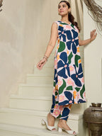 Indo Era Floral Printed V-Neck Sleeveless Pure Cotton A-Line Kurta With Trousers - Distacart