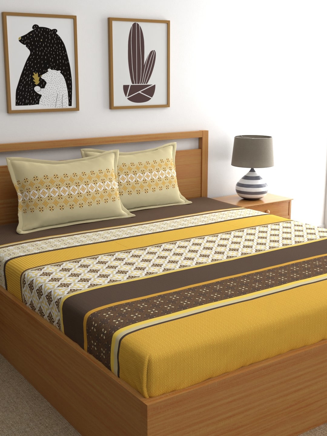 Home Ecstasy Mustard & Cream Ethnic Motifs 140TC Bedsheet With Pillow Covers