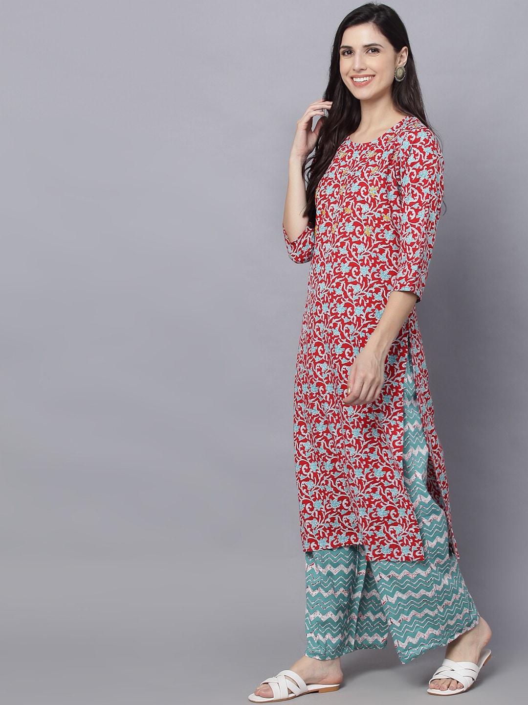 HERE&NOW Women Maroon Printed Kurta With Palazzos