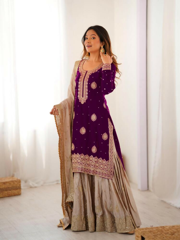 Lehenga Mart Designer Sharara Suit With Kurta, Sharara, Dupatta For Women-Wine - Distacart