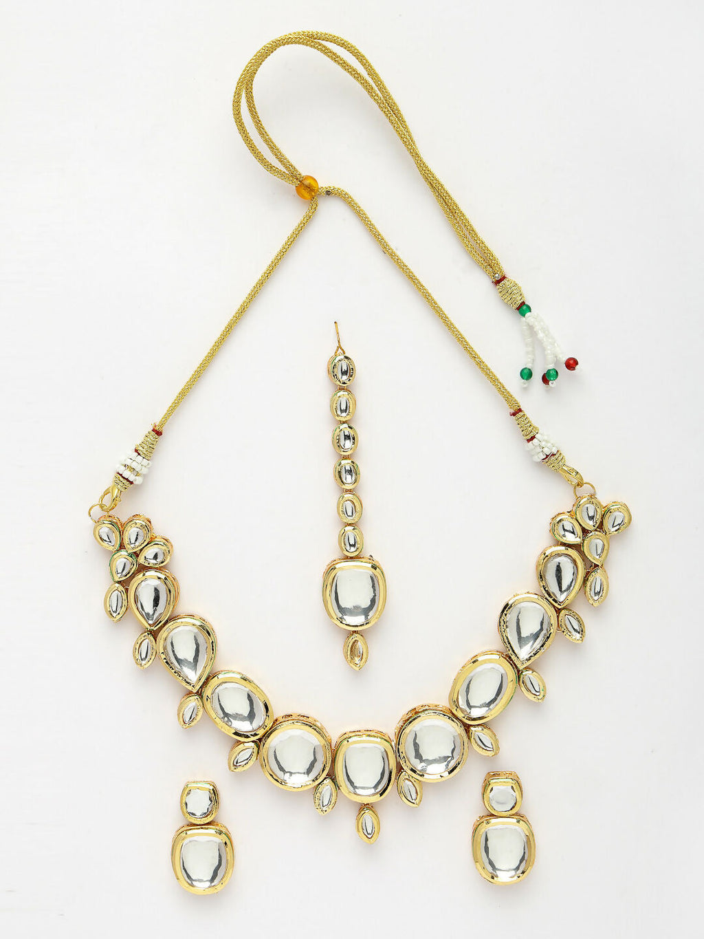 NVR Women's Gold Kundan-Studded Necklace and Earrings with Mang Tikka