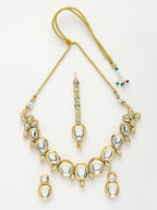 NVR Women's Gold Kundan-Studded Necklace and Earrings with Mang Tikka