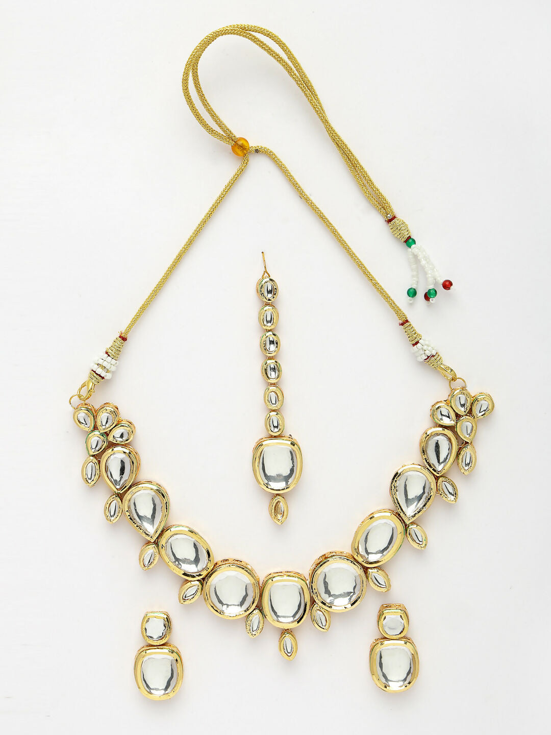 NVR Women's Gold Kundan-Studded Necklace and Earrings with Mang Tikka