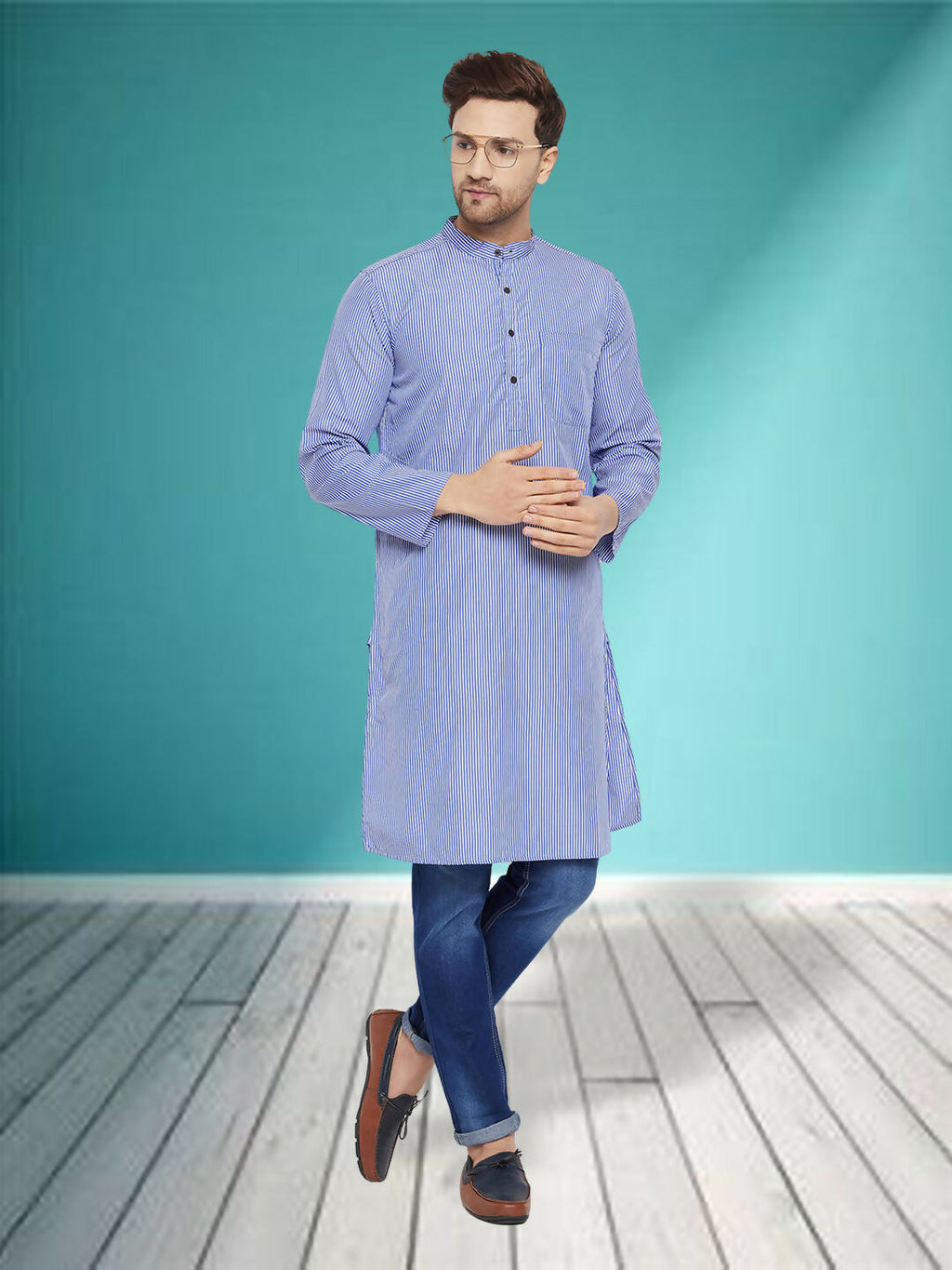 Even Apparels Men's Pure Cotton Blue Striped Kurta