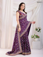 Voilet Vichitra Silk Bandhani Printed, Embroidery Work Saree - Ditya
