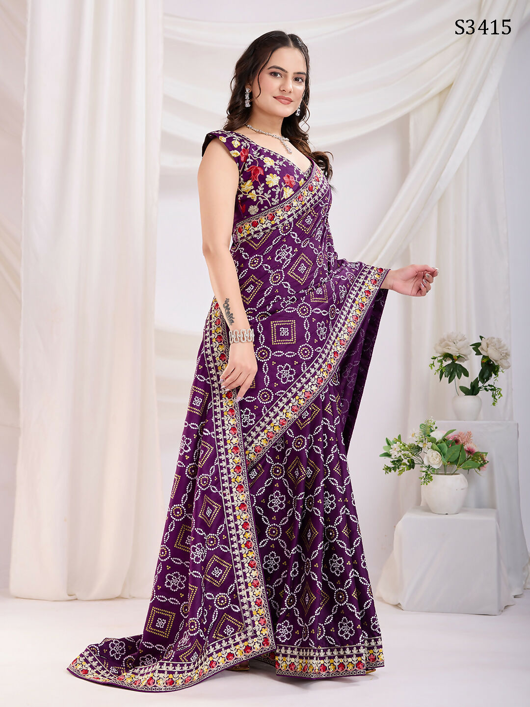 Voilet Vichitra Silk Bandhani Printed, Embroidery Work Saree - Ditya