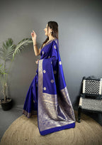 Joban Fashion Royal Blue Floral Jacquard Woven Design Cotton Silk Banarasi Silk Saree - Distacart