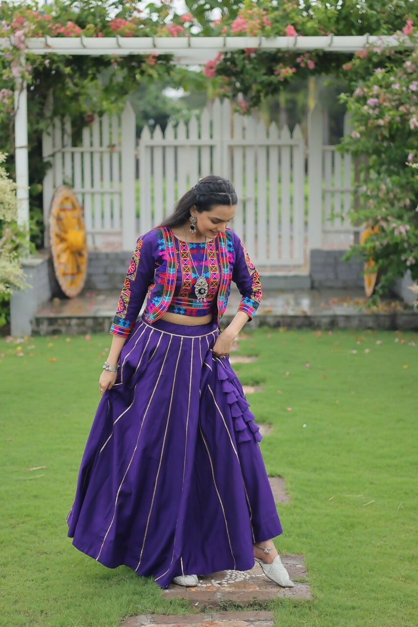 Teeya Creation Purple Colour Roman Silk With Gamathi Work Navratri Lehenga Choli