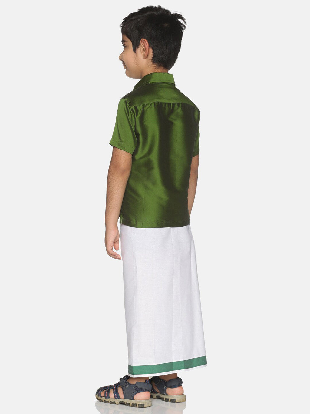 Sethukrishna Boys Olive Green & White Solid Shirt and Veshti Set