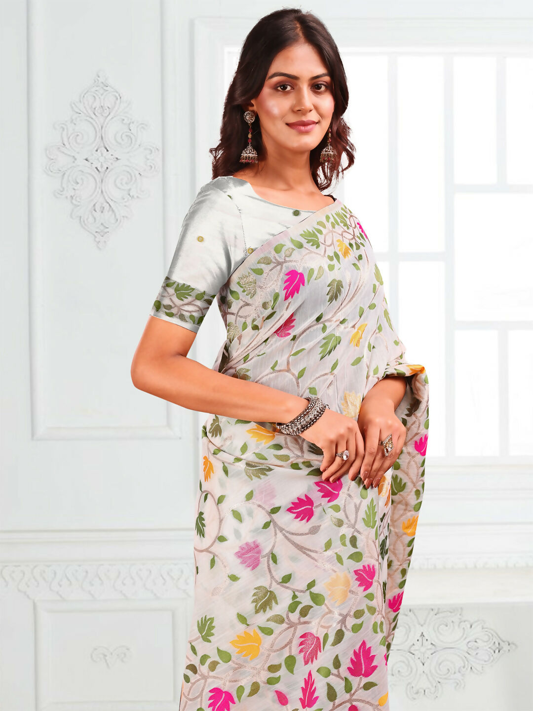 Shree Shyam Fashion Linen Cotton White Saree - Distacart
