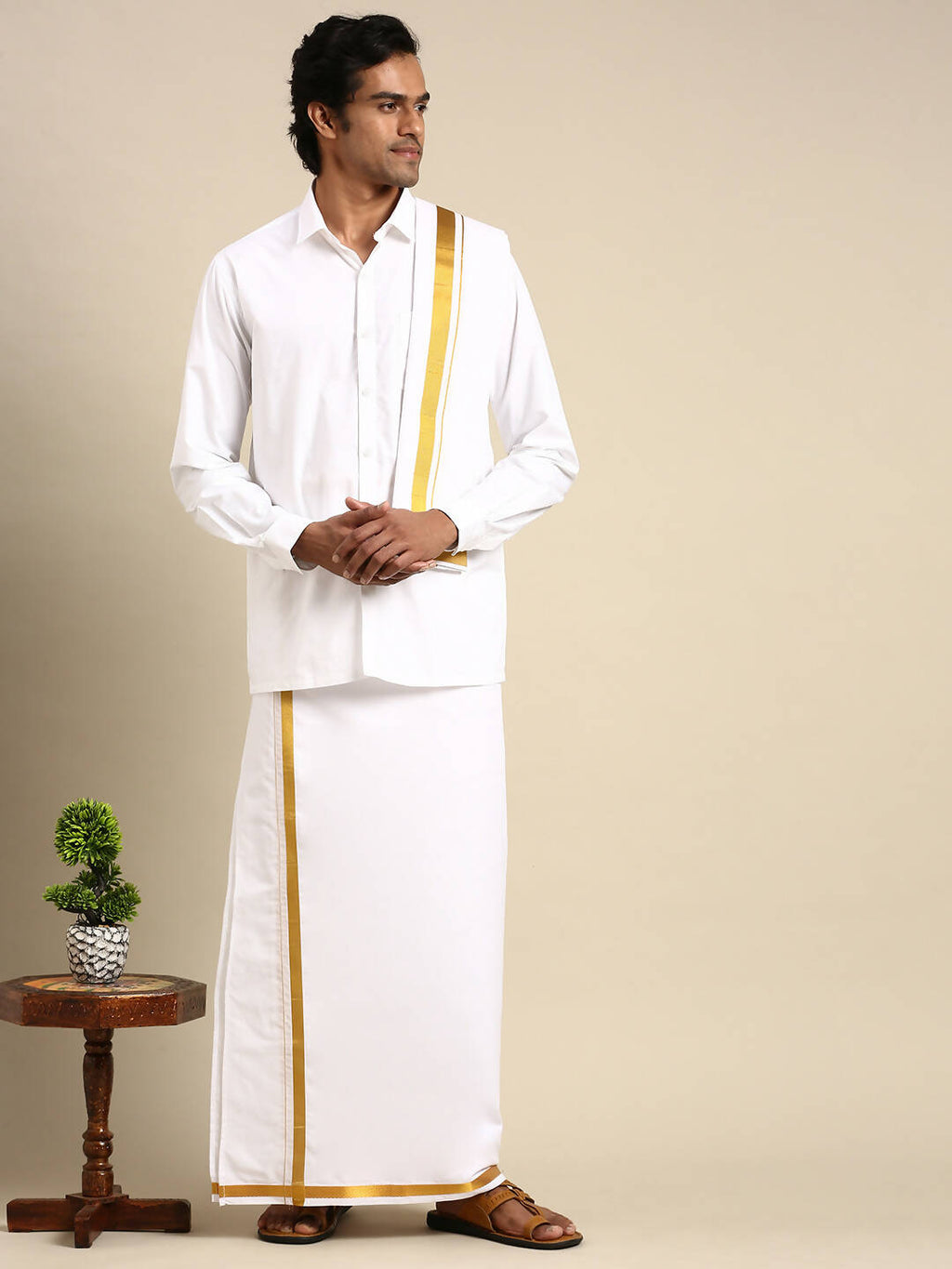 Ramraj Cotton Mens Wedding White Regular Dhoti, Shirt & Towel Set Subhakalyan 1"