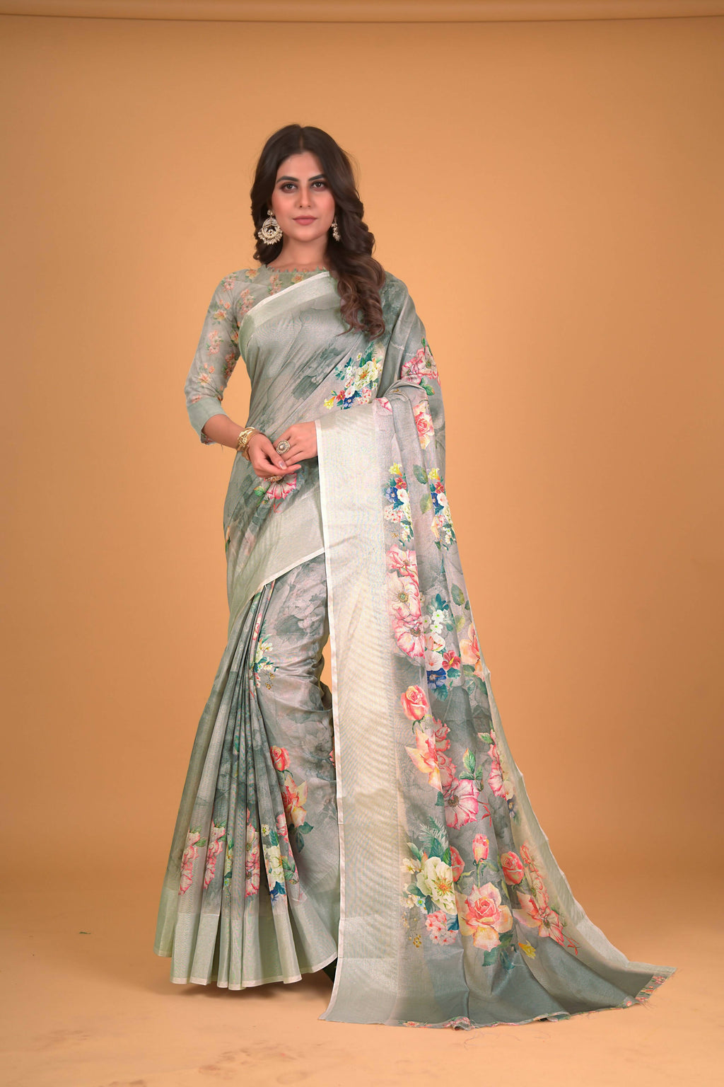 Green Cotton Silk Floral Printed Saree With Unstitched Blouse Piece - Akshita