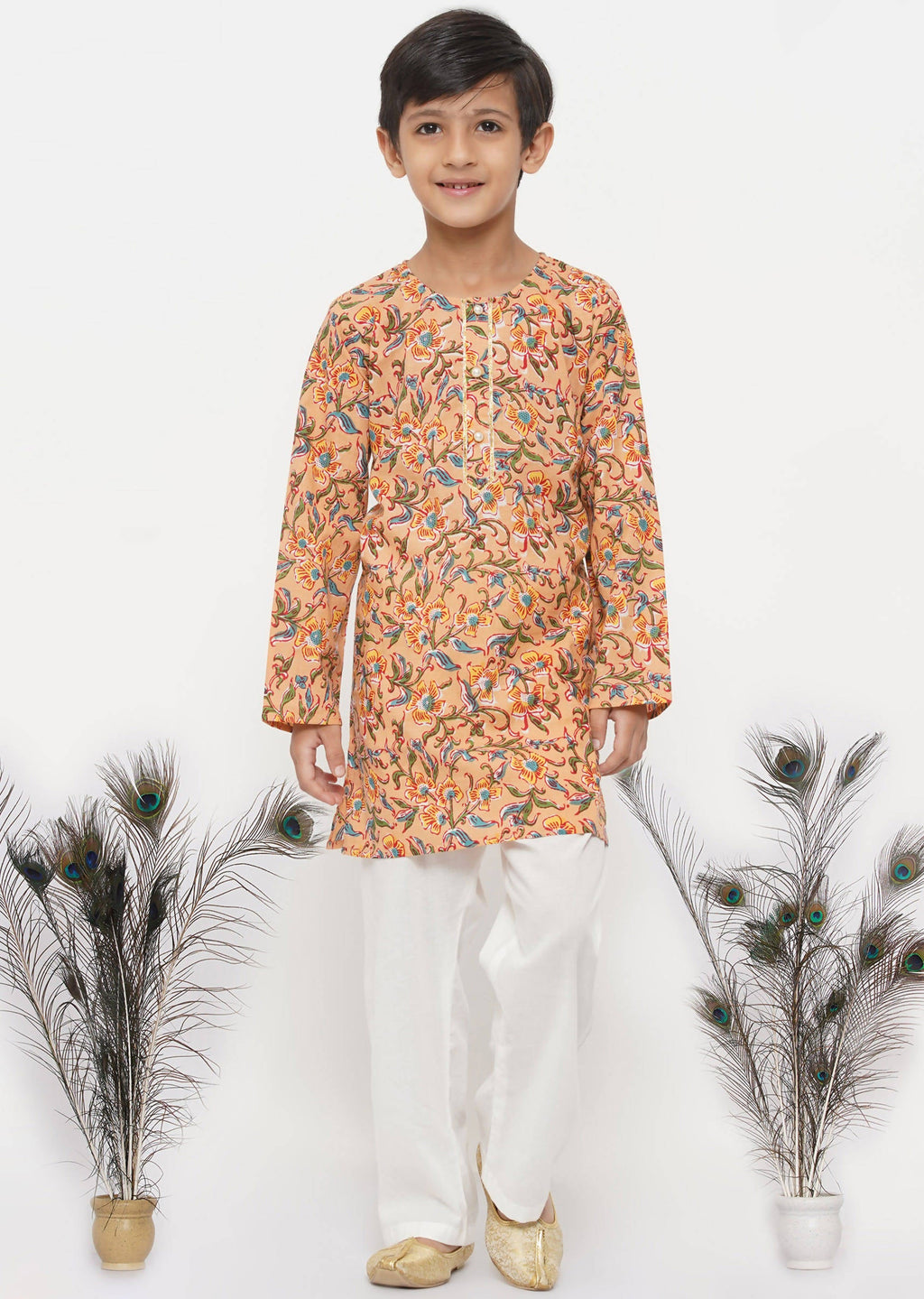 Little Bansi Boys Cotton Block Floral Kurta with Pearl Buttons & Pyjama in Orange & Cream