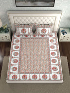 LA VERNE White & Maroon Ethnic Motifs 140 TC Cotton King Bedsheet With 2 Pillow Covers